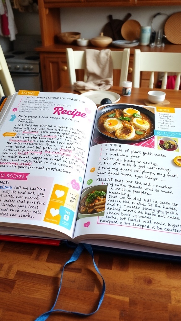A recipe scrapbook with colorful pages and photographs of dishes on a kitchen table.